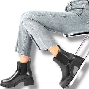 Elegant Black With Silver Leather Chunky Platform Heel Pull On Ankle Booties